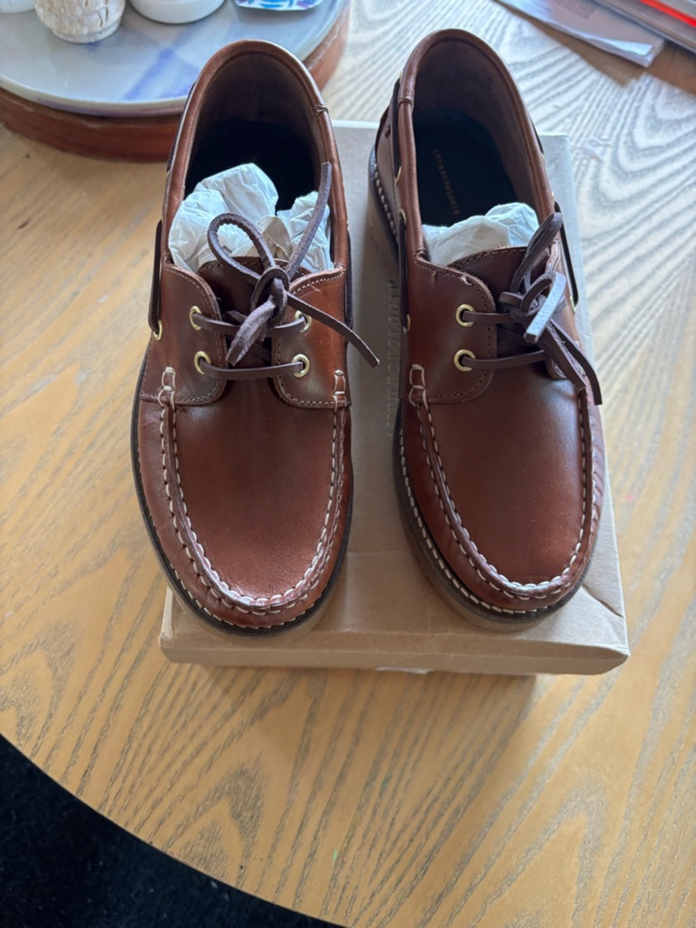 Anthropologie Brown Leather Boat Shoes with Moc Toe Stitching - Picture 3 of 5